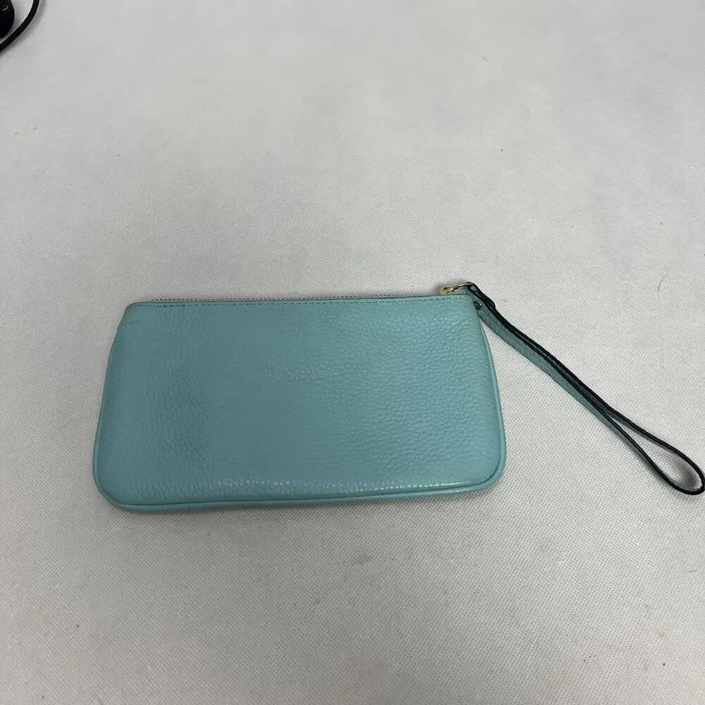 KATE SPADE NEW YORK ZIP TOP WRISTLET CLUTCH mint PEBBLED LEATHER PURSE